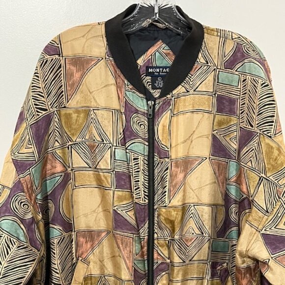 Vintage Montage Pour Homme Men's 100% Silk Bomber Jacket Geometric Print - Picture 2 of 5